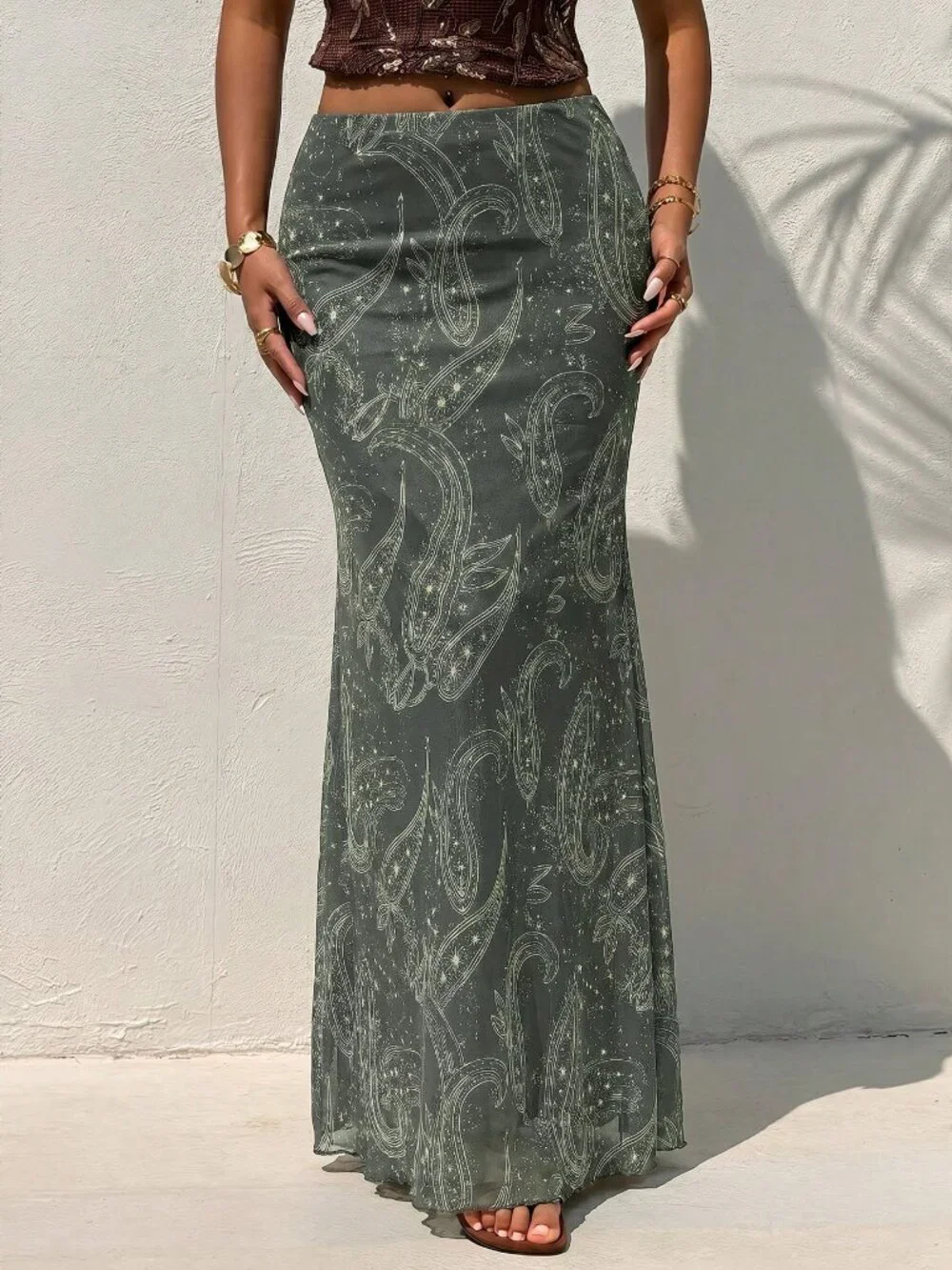 Olive Green Boho Women's Elegant Ruched Low Waist Mermaid Skirt